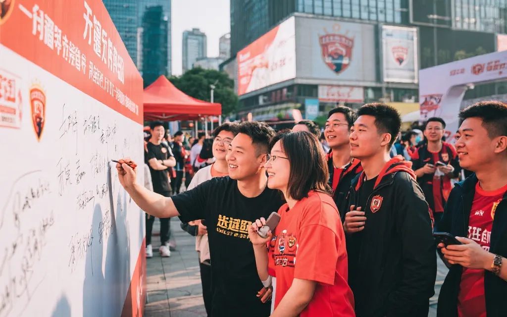 球迷共创线下活动:人们在城市广场留言板前合影与书写远征故事,温暖纪实风