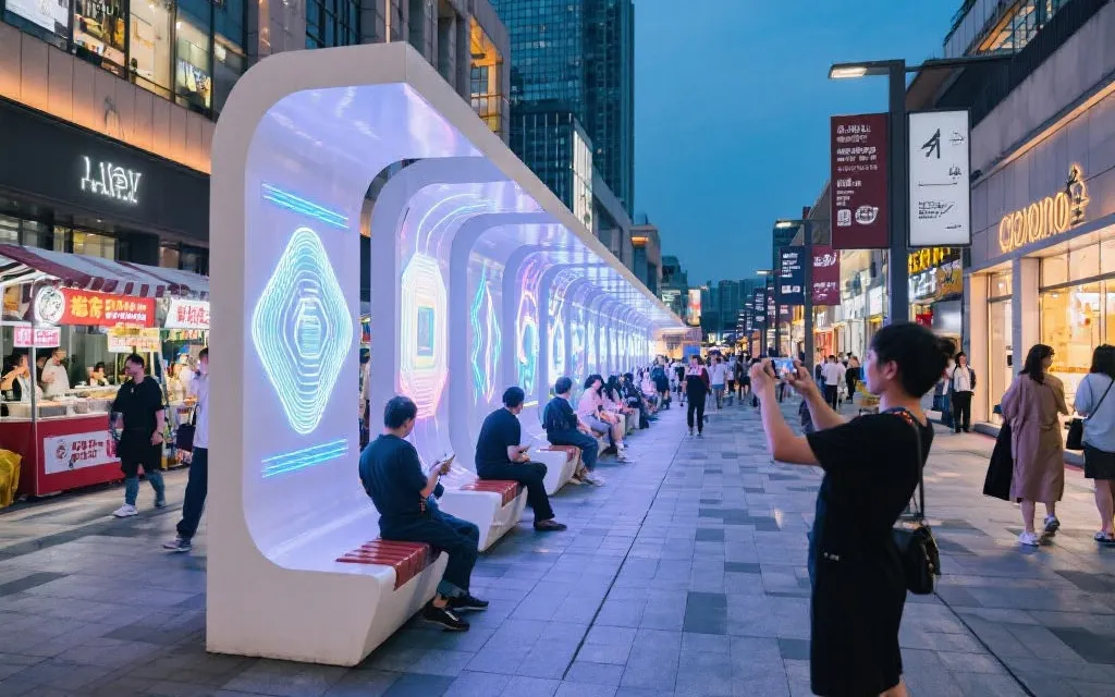 公共艺术装置与球迷步行动线结合：可坐可互动的光影装置在城市街区中串联市集与观赛点